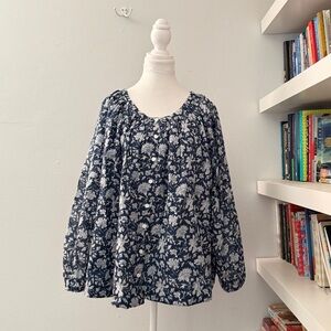 Talisman Boho Floral Navy Peasant Oversized Top M/L 100% Cotton